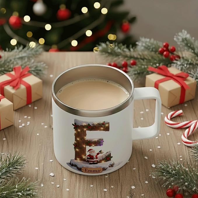 Personalized Christmas Mug | Custom Rustic Log Santa Initial Insulated Coffee Cup with Handle & Lid | 12oz Holiday Tumbler, Unique Winter Scene Gift (B38) - Bloomnest
