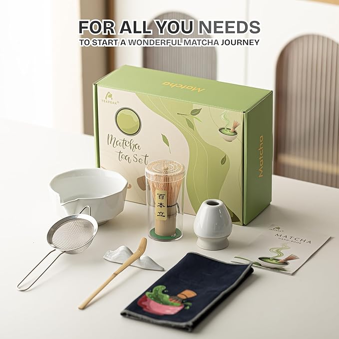 7 PCS Matcha Whisk Kit with Bowl & Scoop, Bamboo Whisk and Sifter, Traditional Japanese Tea Set for Matcha Lovers – Complete Matcha Gift Kit (White) - Bloomnest