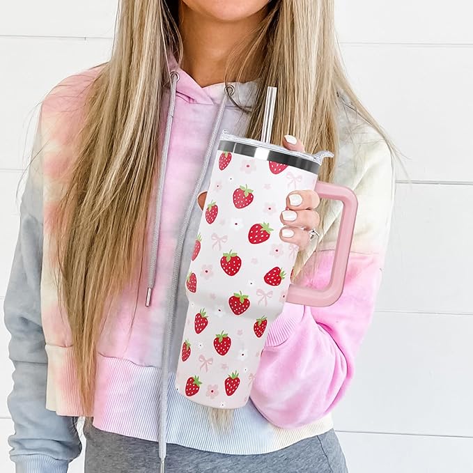 Ceovfoi 40oz Strawberry Tumbler With Handle Lid and Straw,Strawberry Floral Coffee Mug Cup Water Bottles,Strawberry Themed Gifts for Women,Strawberry Decor Stuff Accessories - Bloomnest