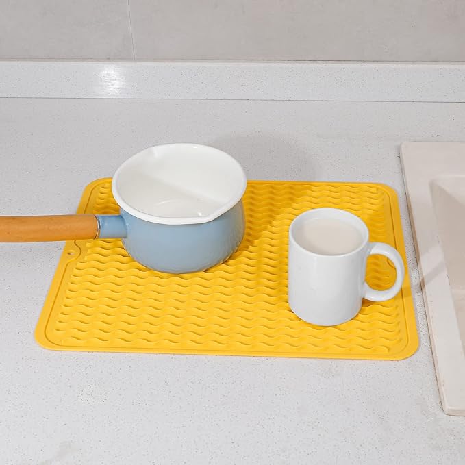 Silicone Dish Drying Mat for Multiple Usage,Easy clean,Eco-friendly,Heat-resistant Silicone Mat for Kitchen Counter or Sink,Refrigerator or drawer liner Yellow L 16 inches x 12 inches - Bloomnest