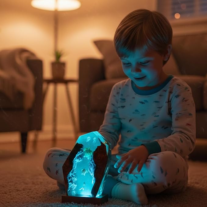 Handmade 3D Ocean Resin Lamp – LED Color Changing Night Light, Artistic Sea Turtle & Coral Scene, Unique Coastal Home Decor Gift for Ocean & Nature Lovers - Bloomnest