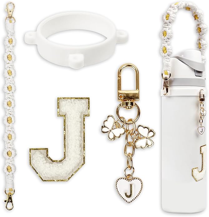 Compatible with Owala Water Bottle Accessories, Cute Letter Charm Set with Boho Handle Strap, Monogram Sticker, Silicone Ring, Keychain Decoration, for FreeSip 24 32 40oz, Owala Kids, Tumbler Gift SITKOL