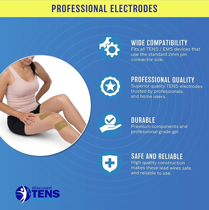Discount TENS Brand Premium Wired Electrode Pads Compatible with TENS 7000 – 8 Pack of Large 2"x4" Self-Adhesive Replacement Electrodes for TENS EMS Units with 2mm Pin Connectors Discount+TENS