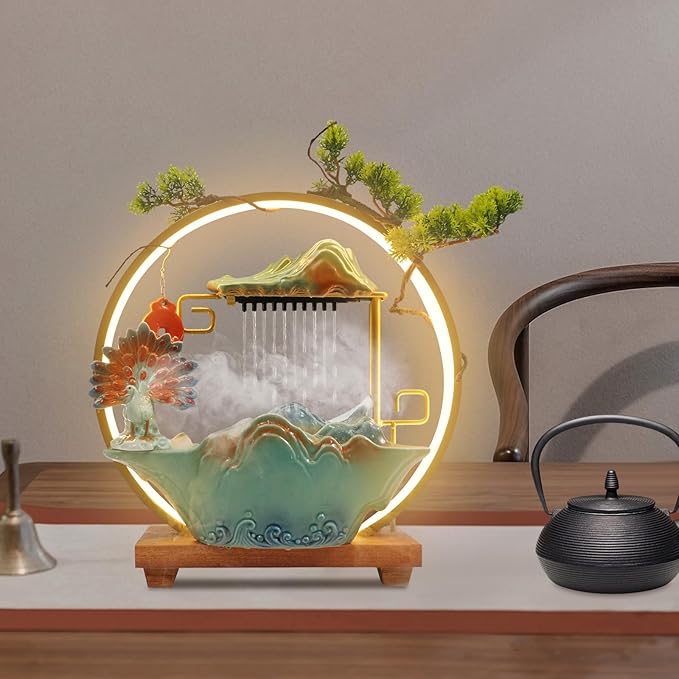 Tabletop Water Fountains, Indoor Water Fall with LED Light Zen Decor for Meditation with Mist, Japanese Decor with Fake Plants Feng Shui Decor for Good Luck Wealth - Bloomnest