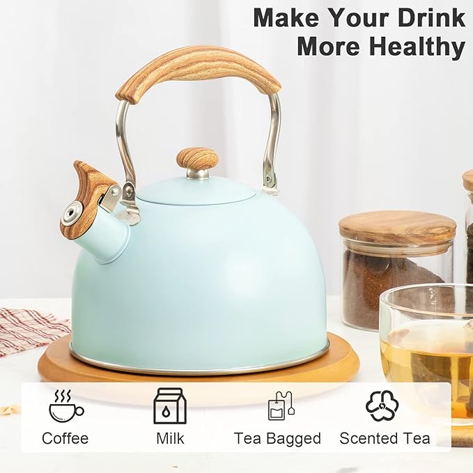 Whistling Stainless Steel Diamond Pattern Tea Kettle with Wood Grain Anti Heat Handle, Stainless Steel Cover Wood Grain Nylon Cover Top Tea Pot (Green) - Bloomnest