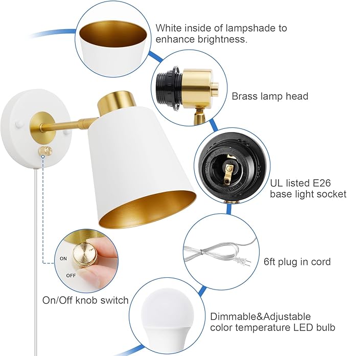 Wall Sconces with Remote Control, Plug in Wall Sconce Adjustable Color Temperature and Dimmable Wall Sconces White Wall Lights with Plug in Cord for Bedroom Bedside Stairway(2 Pack, 2 Bulbs) - Bloomnest