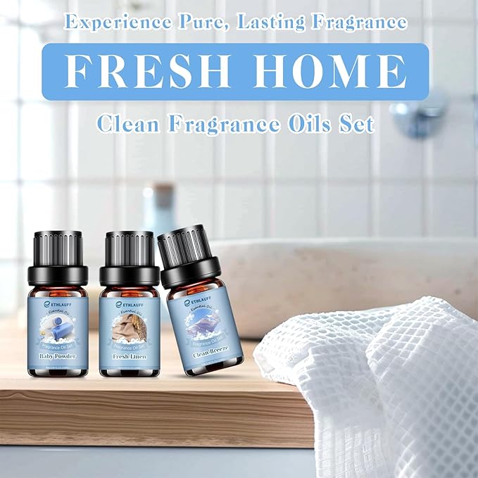Clean Essential Oils Set, Laundry Collection Essential Oils Set, Pack of 6 Fragrance Oil for Diffuser for Home, Use with Wool Dryer Balls Scents - Fresh Linen, Clean Breeze, Eucalyptus and Cotton - Bloomnest