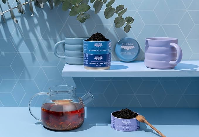 JusTea EARL GREY TEA TRIO | Stacking Tins Variety Pack with Hand Carved Tea Spoon | Loose Leaf Tea | High Caffeine | Fair Trade | Non-GMO - Bloomnest