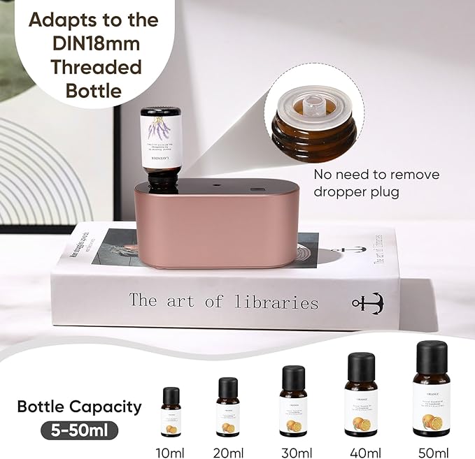 Waterless Diffuser for Essential Oil, Battery Operated Scent Air Aromatherapy Diffuser, Mini Aroma Diffusers with 3 Intermittent Mist Modes, Cycle Start for Home Office Bedroom - Rose Gold - Bloomnest