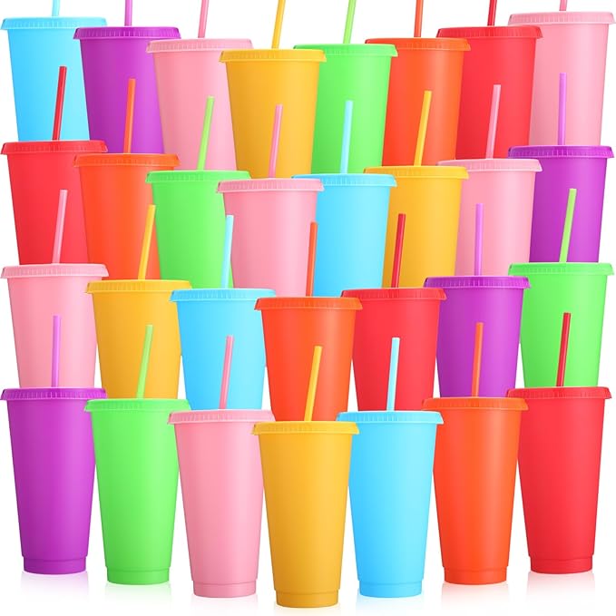 Honeydak 30 Pack Tumbler with Straw and Lid Bulk Water Bottle Iced Coffee Travel Mug Cup Reusable Plastic Cups for Party Birthdays 24-27 oz (Bright Color) - Bloomnest