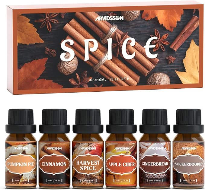 Autumn Spice Essential Oils Set, ARVIDSSON Fall Essential Oil for Diffuser - Cinnamon, Pumpkin Pie, Harvest Spice, Apple Cider, Gingerbread, Snickerdoodle, Cozy Fragrance Oils - Bloomnest