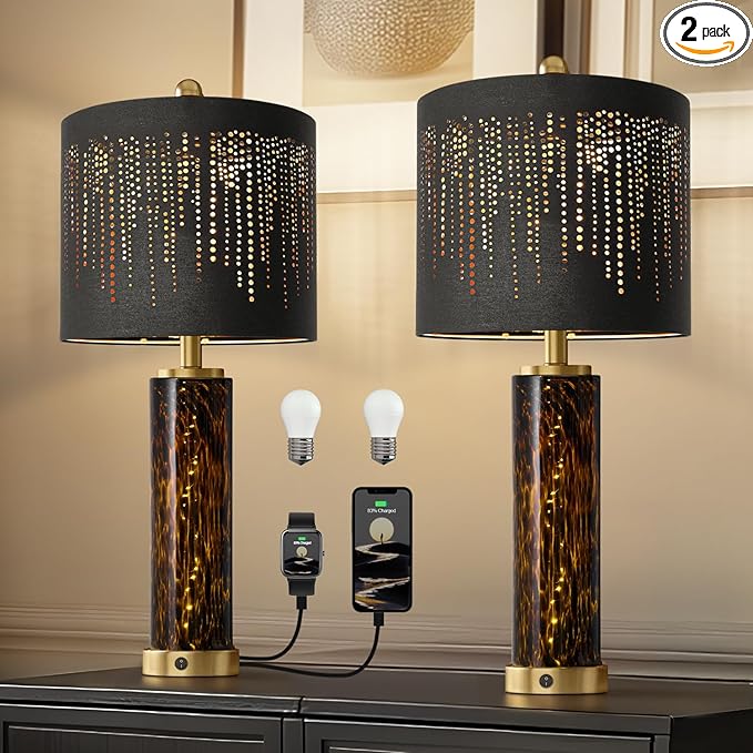 Oneach 27.75" Modern Table Lamps Set of 2, Gold Bedside Lamp with Leopard Glass Nightlight, USB A+C, Black Crystal Shade, Unique Desk Lamps for Living Room, Bedroom, Nightstand (2 Bulbs Included) - Bloomnest