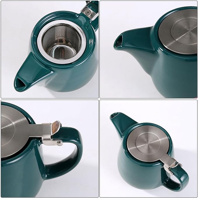 Ceramic Teapot With Stainless Steel Infuser, Heat Resistant, Perfect Tea Maker, Green, 500ml/17oz