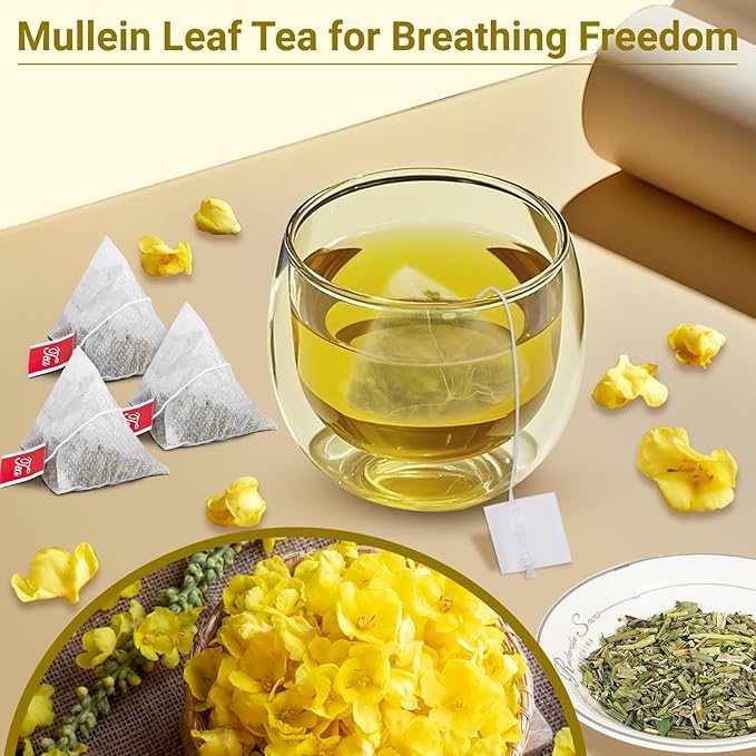 Mullein Tea Bags for Lungs, 100% Pure Mullein Leaf Tea for Lungs Cleanse and Respiratory Support, Caffeine Free, No Additives, Non-GMO (1 Pack/50 Bags) - Bloomnest