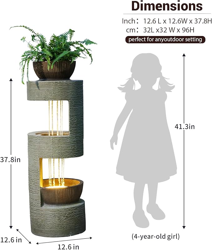 38" Outdoor Water Fountain with Waterfall & LED Lights Freestanding Garden Water Fountain for Patio/Backyard Resin Tiered Fountains with Pump, Brown - Bloomnest