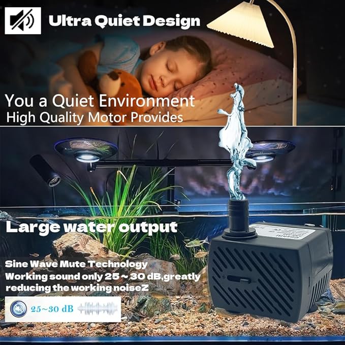 95GPH ultra-quiet small fountain pump (350L/H, 5W), 3.3-foot water pipe, adjustable flow small water pump, suitable for fish tanks, water features, pet fountains, outdoor fountain pumps - Bloomnest