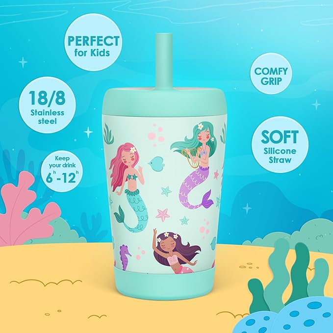 Kid Insulated Stainless Steel Tumbler with Silicone Straw, 12oz Sippy Cup for Kids (Magical Mermaids) - Bloomnest
