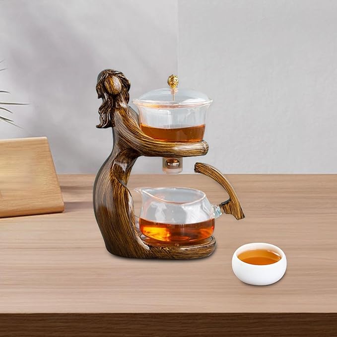 Magnetic Teapot Tea Pot Set Tea Maker Semi Automatic Kungfu Glass Tea Set Tea Infuser Pot for Holiday Gifts Father's Day Home, Brown, 15.5cmx10.5cmx24cm