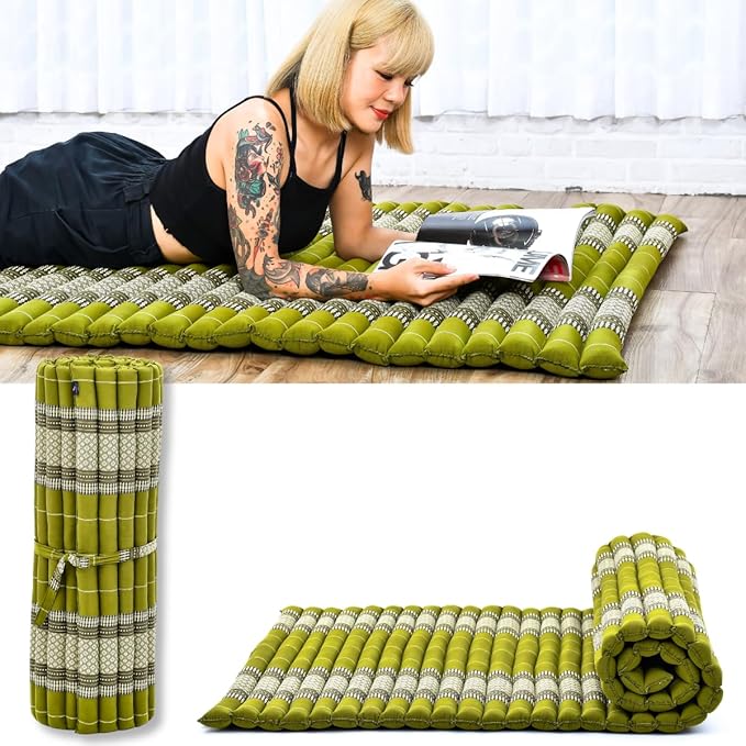 Leewadee - Kapok Roll Mat – Handcrafted Folding Sleep & Relaxation Mattress from Thailand, Ideal as Guest Bed, Camping Mat, Yoga Mat or Traditional Futon, 75 x 39 inches, Green - Bloomnest