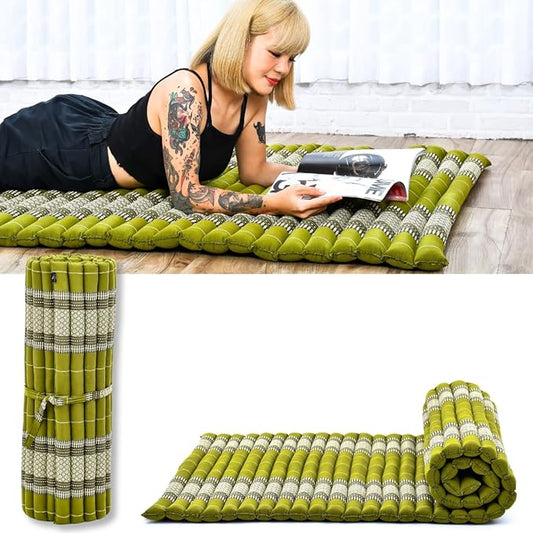 Leewadee - Kapok Roll Mat – Handcrafted Folding Sleep & Relaxation Mattress from Thailand, Ideal as Guest Bed, Camping Mat, Yoga Mat or Traditional Futon, 75 x 39 inches, Green - Bloomnest