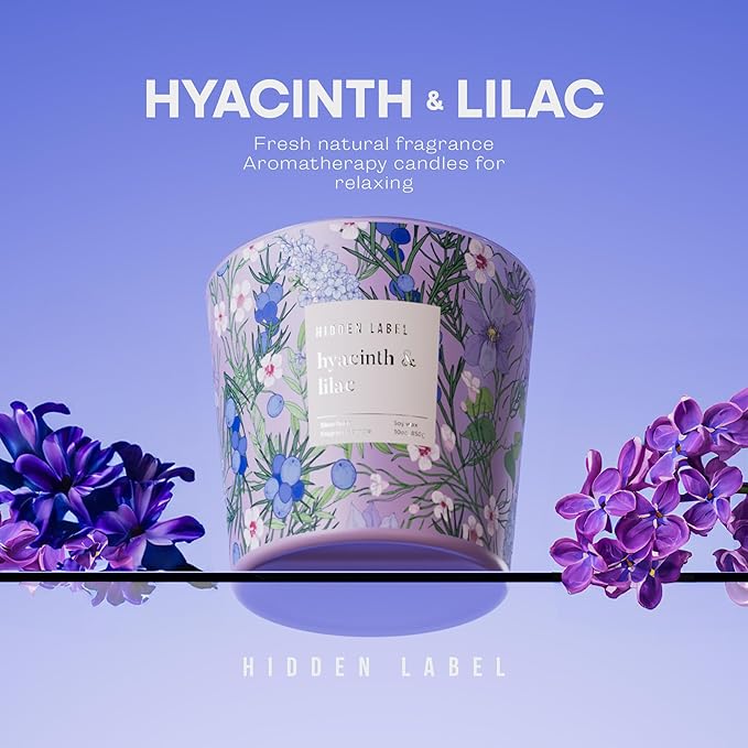 Hidden Label Hyacinth & Lilac Soy Candle, 3 Wick Large Candles for Home Scented, 30oz Natural Soy Candles Non Toxic, 100 Hour Burn Time, Aromatherapy Candle for Stress Relief, SPA, Larger Rooms - Bloomnest