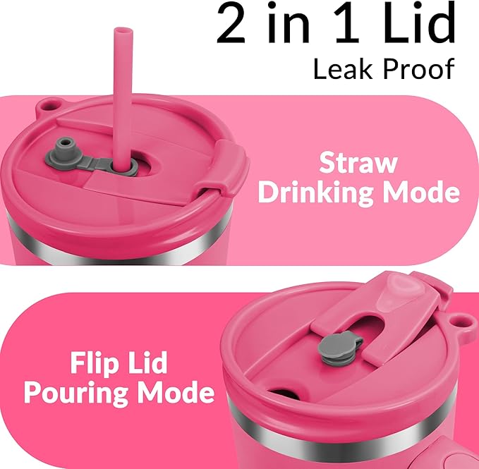 WETOWETO 40oz Tumbler with Handle | Insulated Stainless Steel Travel Mug | 34Hrs Cold & 10Hrs Hot Retention | 100% Leakproof Lid & Straw | Dishwasher Safe + Car Cup Holder Fit (Bright Pink) - Bloomnest