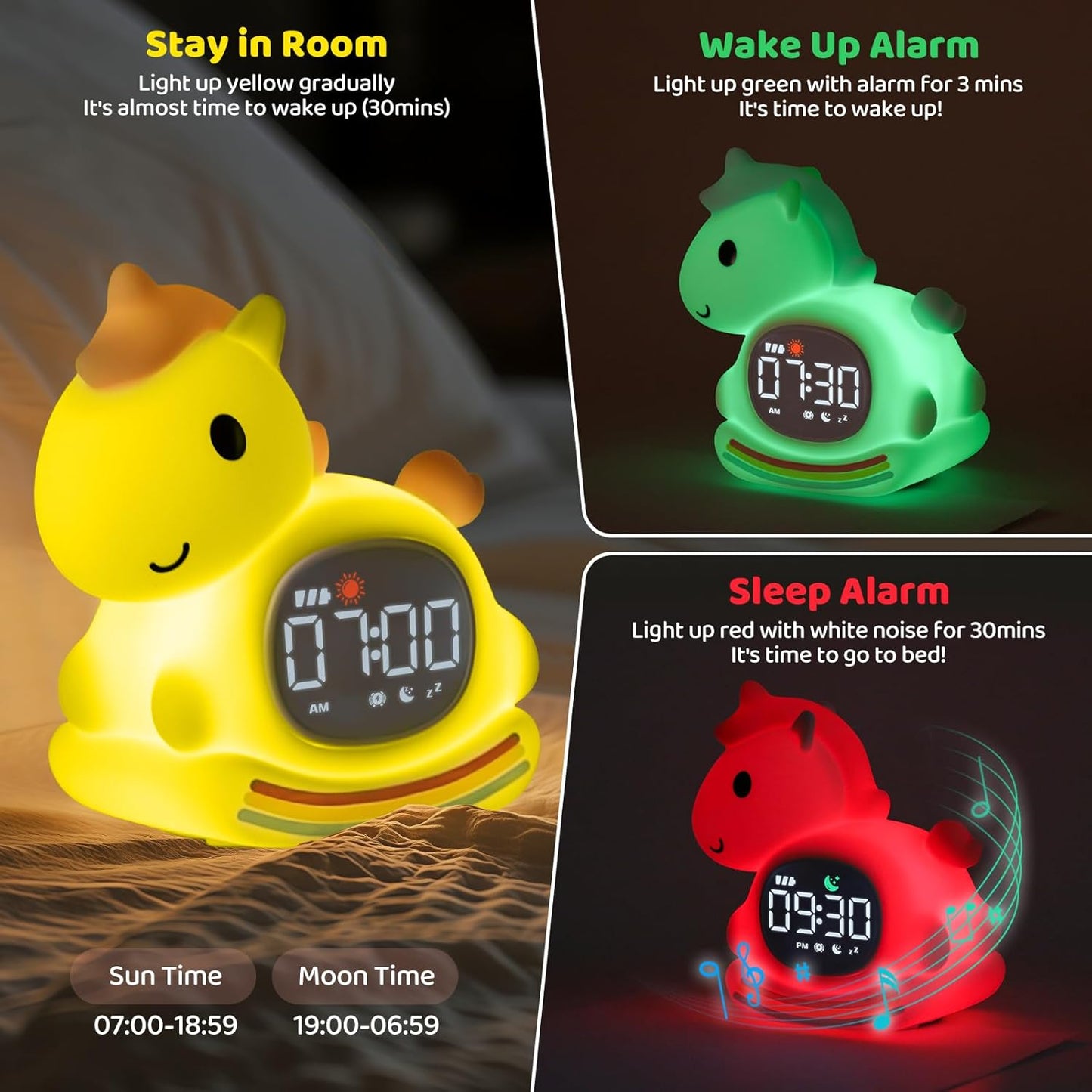 Alarm Clock with Night Light for Kids with Sleep Training and Sound Machine, Rechargeable Silicone Lamp OK to Wake Clock，Cute Animal Tabletop Lamp, Perfect Sleep Companion for Boys Girls,Pink Pony