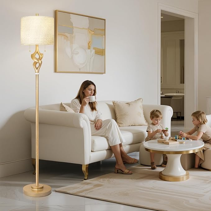 Scenekoy Sculptural 65.5” Floor Lamp for Living Room Bedroom, Gold Leaf Finish & Resin Body, Pull Chains Switch Standing Lamp, Brightness Adjustable Corner Lamp with Bulb Prefer for Home Office Bar - Bloomnest