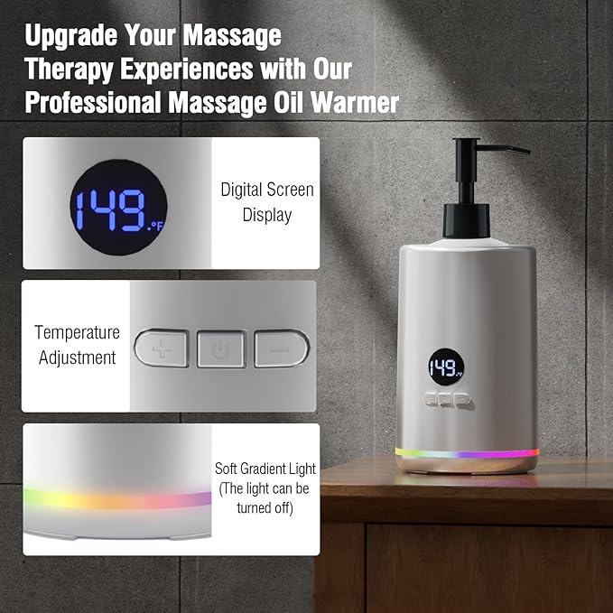 Massage Oil Lotion Warmer, Massage Oil Heater for SPA Massage Therapy and Personal Use, Portable Body Oil Warmer Dispenser with Two Massage Bottles, Adjustable Temperature(86-149°F), Silver - Bloomnest