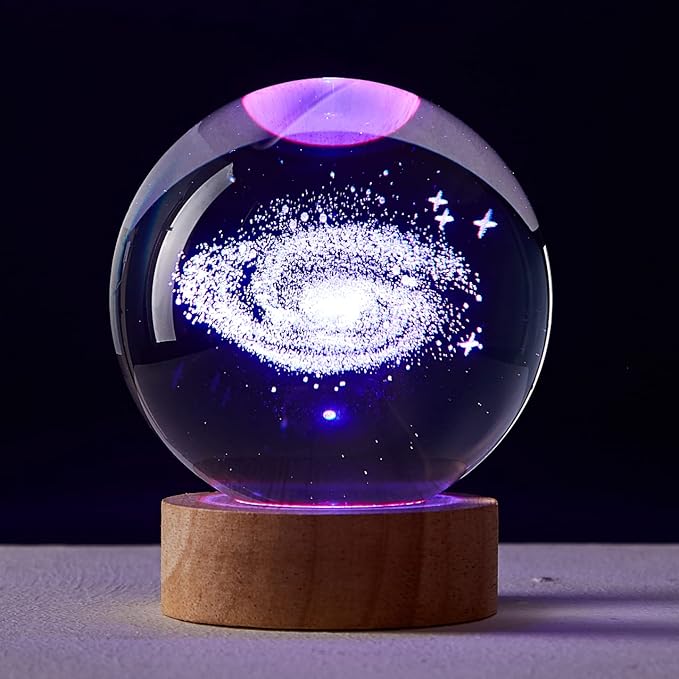 3.15 inch Galaxy Crystal Ball lamp,3D Solar System Crystal Ball Night Light with Wooden Base,16 Colors Change with Remote Control,Clear Glass Planet Light,Birthday Gift for Friends (Galaxy) - Bloomnest