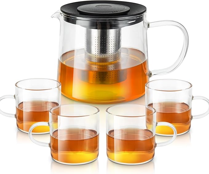 Glass Teapot 34oz/1000ml with 4 Pack Tea Cups Gift Set, Removable Stainless Steel Infuser Tea pot, Heatproof Borosilicate Glass Tea Make, Stovetop Safe Glass Tea Kettle for Loose - Bloomnest