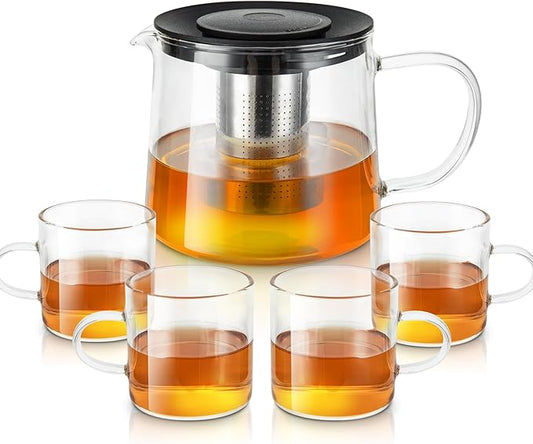 Glass Teapot 34oz/1000ml with 4 Pack Tea Cups Gift Set, Removable Stainless Steel Infuser Tea pot, Heatproof Borosilicate Glass Tea Make, Stovetop Safe Glass Tea Kettle for Loose - Bloomnest
