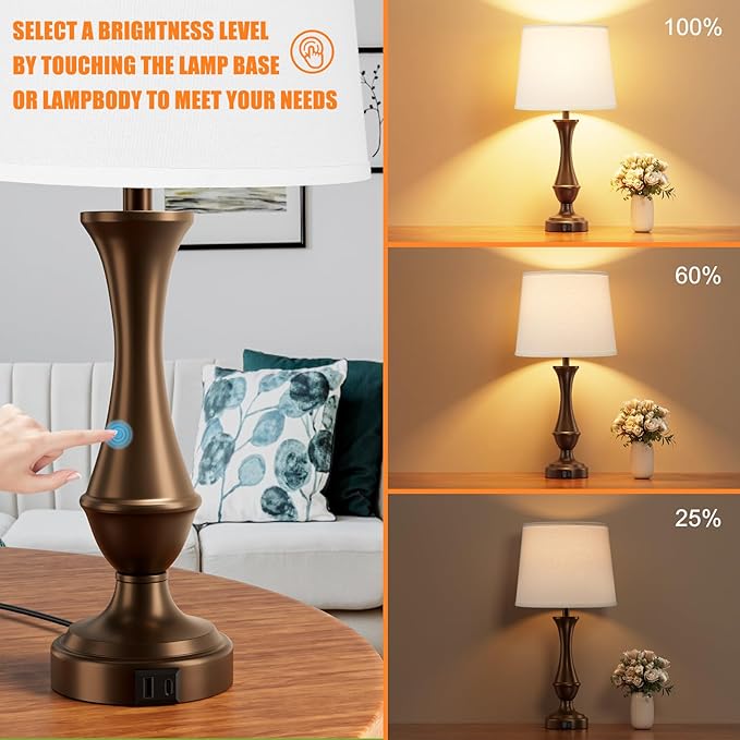 Seealle Upgraded Touch Lamps for Night Stands Set of 2 - Bedside Lamps with USB C+A, 3 Way Dimmable for Bedroom Living Room End Tables Office (White&Brown) - Bloomnest