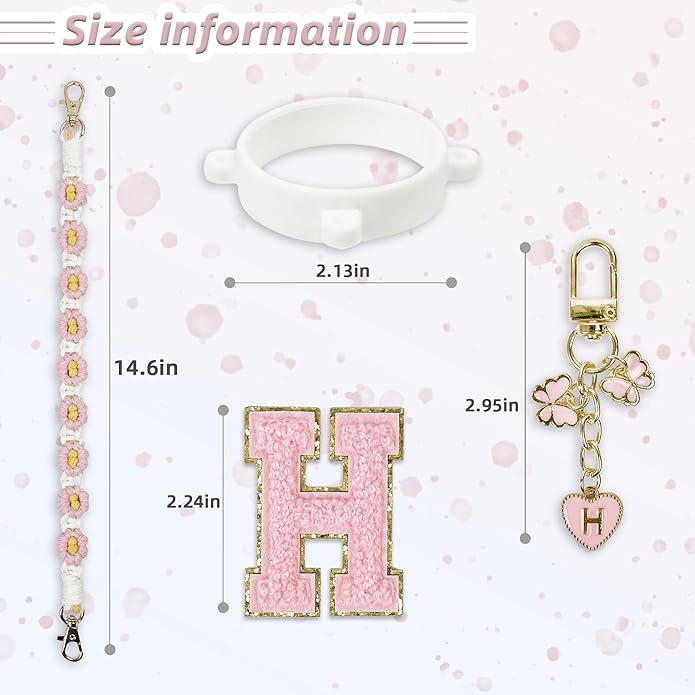 Compatible with Owala Water Bottle Accessories, Cute Letter Charm Set with Boho Handle Strap, Monogram Sticker, Silicone Ring, Keychain Decoration, for FreeSip 24 32 40oz, Owala Kids, Tumbler Gift SITKOL