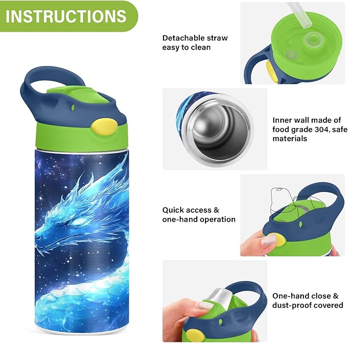 Dragon Blue Galaxy Kids Water Bottle with Straw Lid Insulated Tumbler with Handle Stainless Steel Reusable Toddlers Cup for Kids Boys 12 oz - Bloomnest