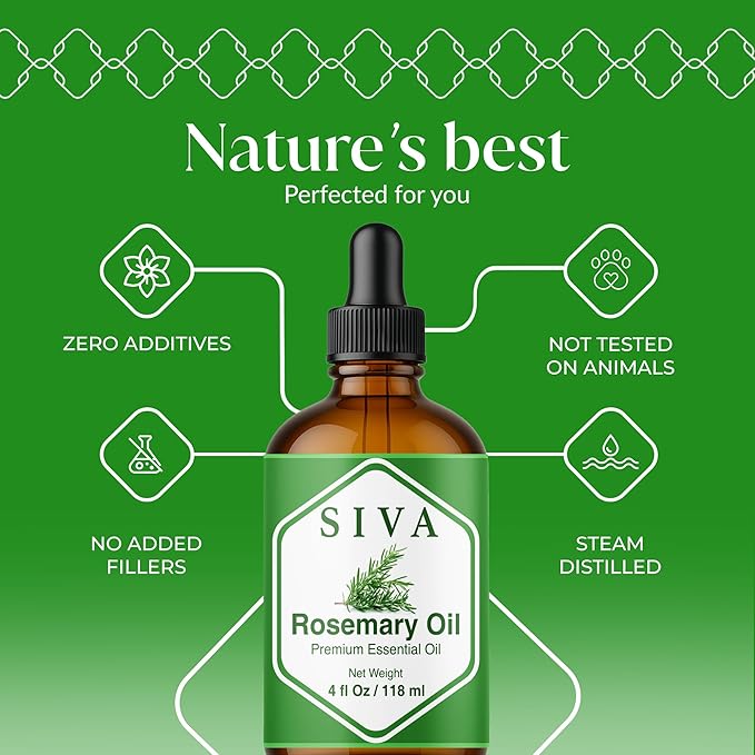 Siva Rosemary Essential Oil - 4 Fl Oz – 100% Natural Rosemary Oil - for Diffuser, Face, Skin Care, Aromatherapy, Hair Care, Scalp and Body Massage - with Dropper - Bloomnest