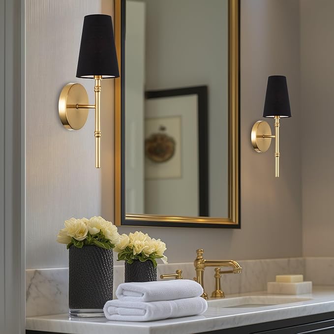 Kira Home Torche II 15" Petit Modern Wall Sconce/Wall Light + Black Linen Shade, Cool Brass Finish - Bloomnest