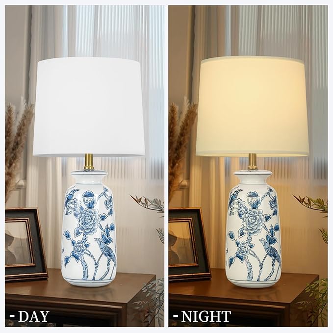 24.25" Blue Ceramic Table Lamp for Living Room, Classic Blue and White Lamp for End Table, Blue Birds and Flowers Lamps, Traditional China Nightstand Lamp for Bedroom - Bloomnest