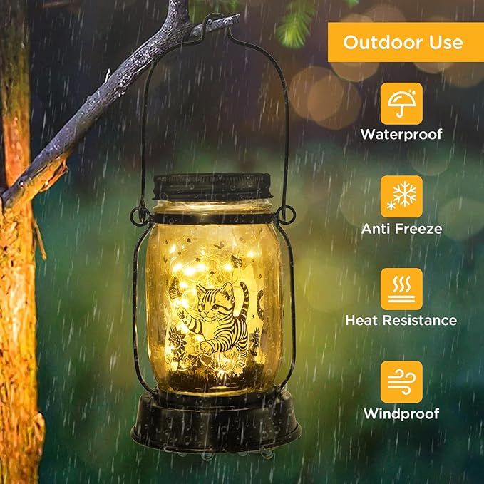 Cat Gifts Cat Solar Lanterns Cat Solar Lights Outdoor Cat Lover Gifts for Women Men Cat Lovers Gifts Hanging Cat Lanterns with Stake for Yard Lawn Garden Decor Waterproof Cat Butterfly Lantern Torches - Bloomnest