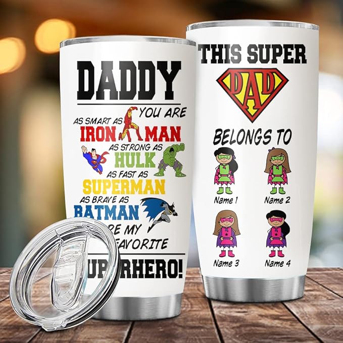 Custom Super Dad Personalized Tumbler Cup Father's Day Gift, Gift For Dad, Father, Papa, Grandpa 20oz Insulated Coffee/Tea Tumbler with Lid - Bloomnest