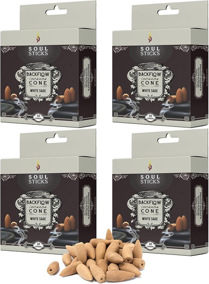 Soul Sticks Backflow Incense Cones – 40 PCS Sage, Palo Santo & Dragon's Blood Scents | Handmade White Smoke Cones for Waterfall Burner | Energy Cleansing Gift Set (White Sage) SoulSticks