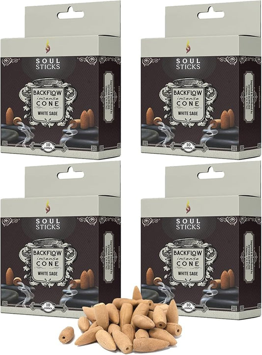 Soul Sticks Backflow Incense Cones – 40 PCS Sage, Palo Santo & Dragon's Blood Scents | Handmade White Smoke Cones for Waterfall Burner | Energy Cleansing Gift Set (White Sage) SoulSticks