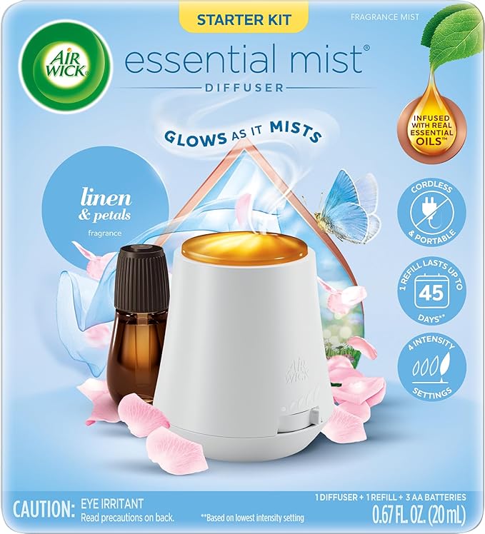 Air Wick Essential Mist Starter Kit (Gadget + 1 Refill), Linen & Petals, Air Freshener, Essential Oils - Bloomnest