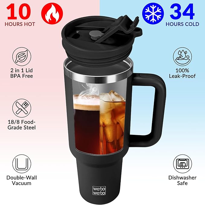 WETOWETO 40oz Tumbler with Handle and Lid | 100% Leakproof Insulated Stainless Steel Travel Mug | Keeps Cold 34Hrs/Hot 10Hrs | Dishwasher Safe, Fits Car Cup Holder (Midnight Black Color) - Bloomnest