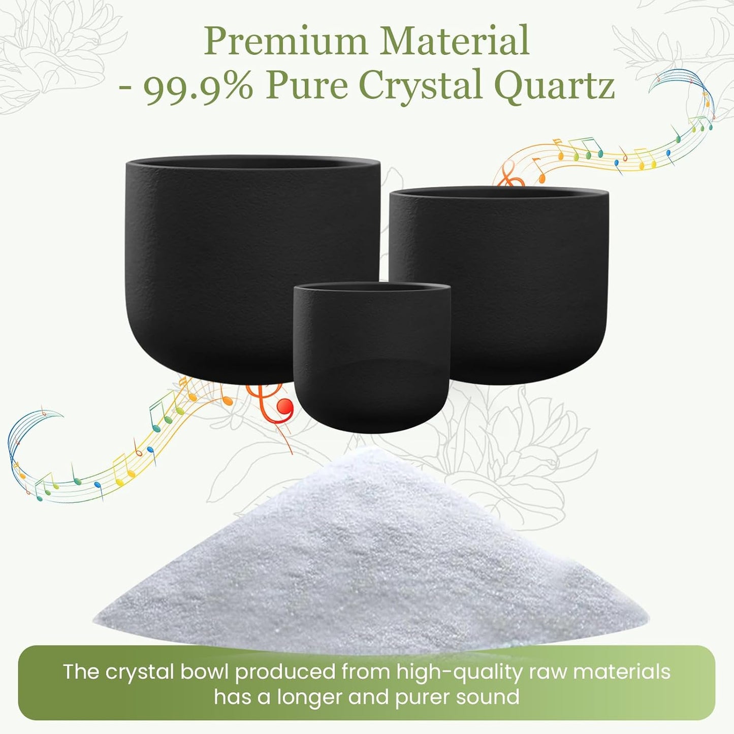 432HZ 7-11 Inch 3 Pcs Black Frosted Crystal Singing Bowl Set for Meditation Healing Yoga Chakra Quartz Crystal Sound Bowls with Heavy Duty Carry Cases and Rubber Mallet,Suede Striker,O-rings