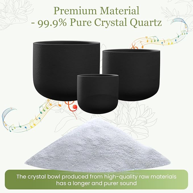 432HZ 7-11 Inch 3 Pcs Black Frosted Crystal Singing Bowl Set for Meditation Healing Yoga Chakra Quartz Crystal Sound Bowls with Heavy Duty Carry Cases and Rubber Mallet,Suede Striker,O-rings - Bloomnest