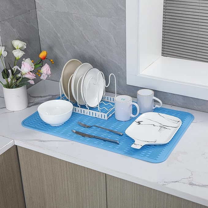 Silicone Dish Drying Mat for Multiple Usage,Easy clean,Eco-friendly,Heat-resistant Silicone Mat for Kitchen Counter or Sink,Refrigerator or Drawer Liner Light Blue 4XL 32 inches x 18 inches - Bloomnest