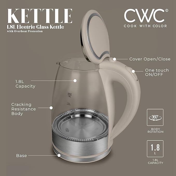 COOK WITH COLOR Electric Tea Kettle, 1.8L Cordless Hot Water Boiler, 1200W Rapid Boil, Auto Shutoff & Boil Dry Protection, BPA-Free, Sleek Countertop Design, Sand - Bloomnest