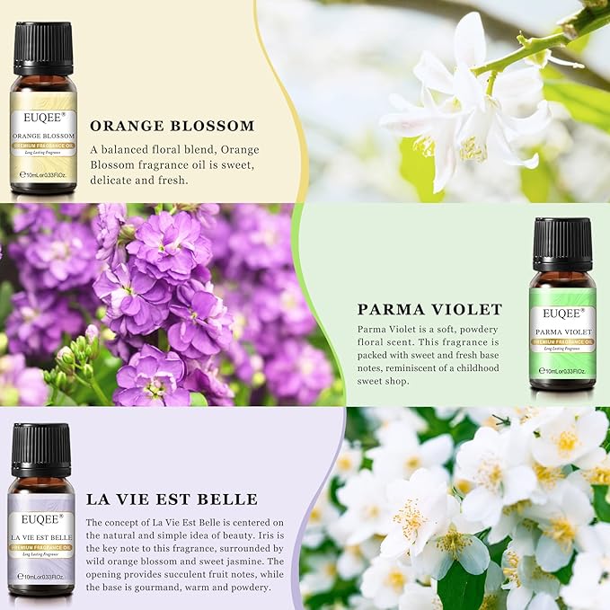 EUQEE Premium Floral Fragrance Oils Set 6PCS Fragrance Oils Set for Diffuser, DIY Candle - Honeysuckle, Lilac, Japanese Magnolia, Violet, Orange Blossom (10ml) EUQEE