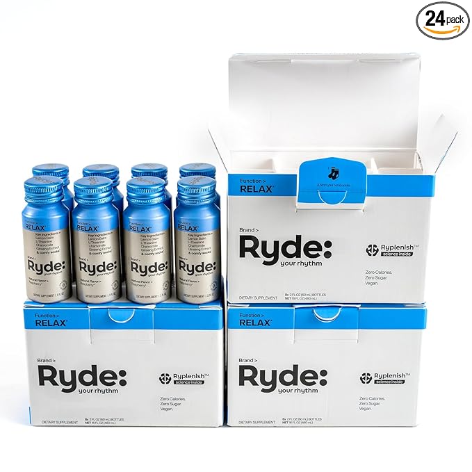 Ryde: Relax Shot | Raspberry Flavor | Lemon Balm, L-Theanine, Ginseng & Chamomile |0 Calories, 0 Sugar | 2 FL OZ Shots | Helps You Relax* (24 Pack) - Bloomnest